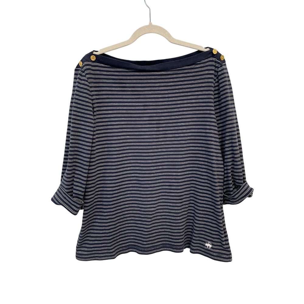 Brooks Brothers 346 Top Size XL Stripes Boat Neck 3/4 Sleeve Navy White Nautical